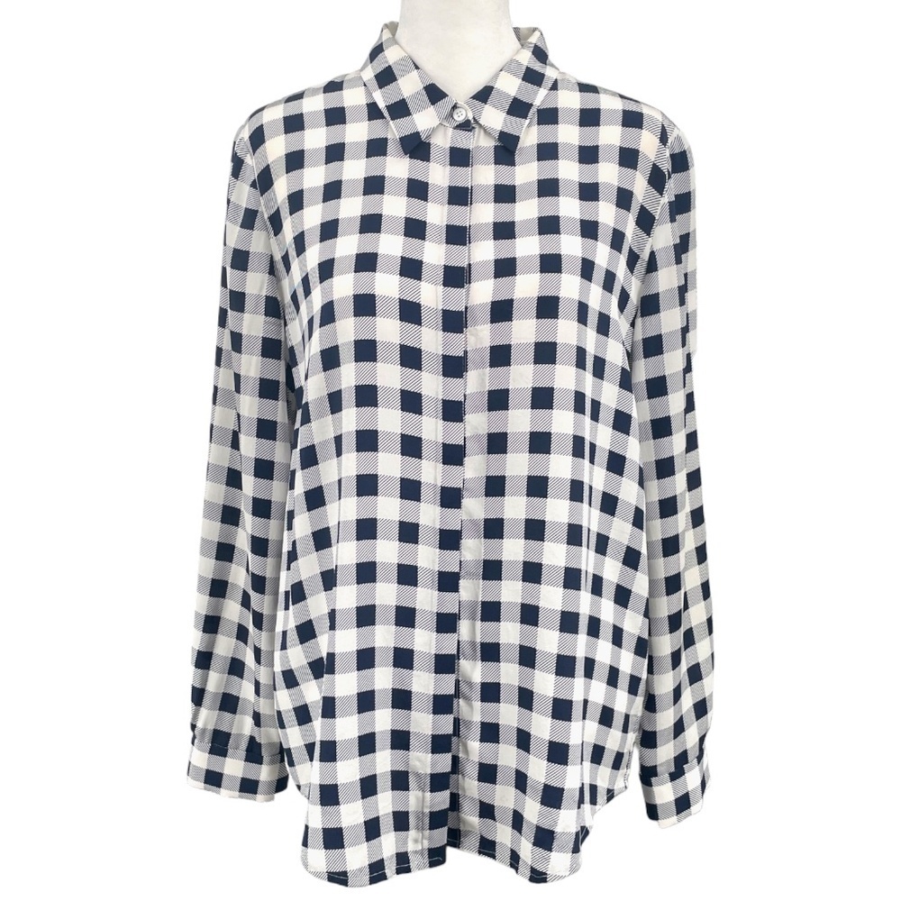 Pure Collection Sand Washed Silk Gingham Blouse, Navy/Soft White, Size 2